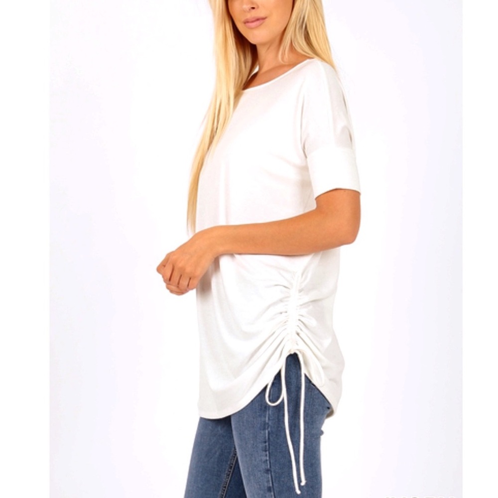 Zenana Premium Ivory Short Sleeve Side Tie Tunic Top L
